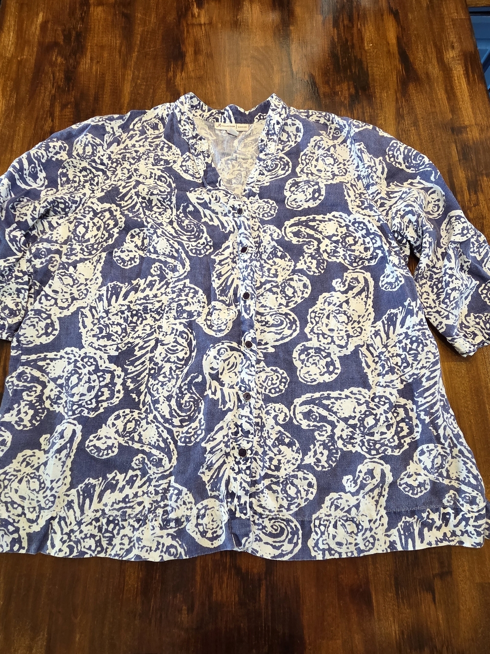 JM Collection Shirt Womens Plus 18W Blue Paisley Linen Button Up Top 3/4 Sleeve